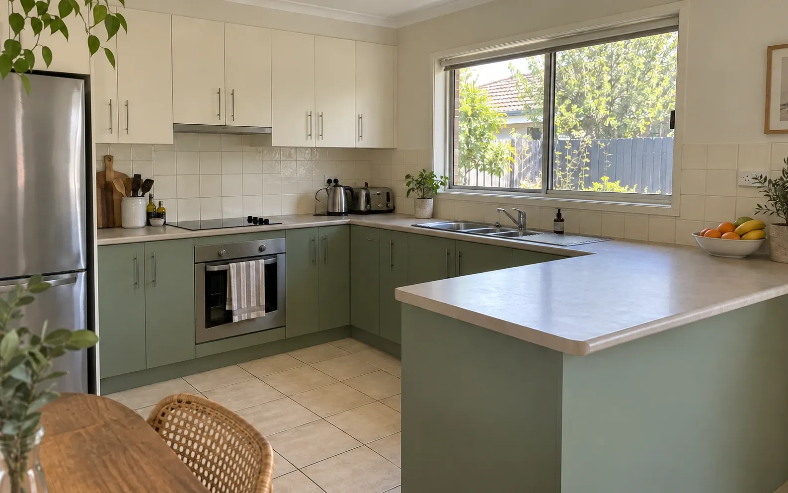 AI concept of an Australian kitchen refreshed with sage-green and warm-white cabinet finishes